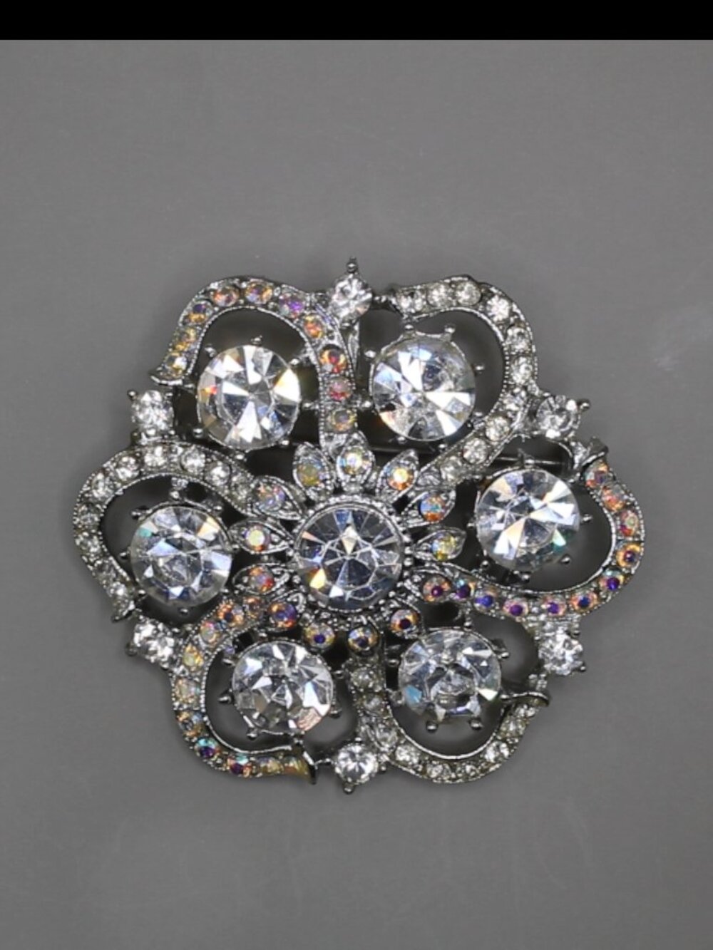 Vintage Coro Rhinestone Brooch Aurora Borealis Flower Silver Tone Statement Pin